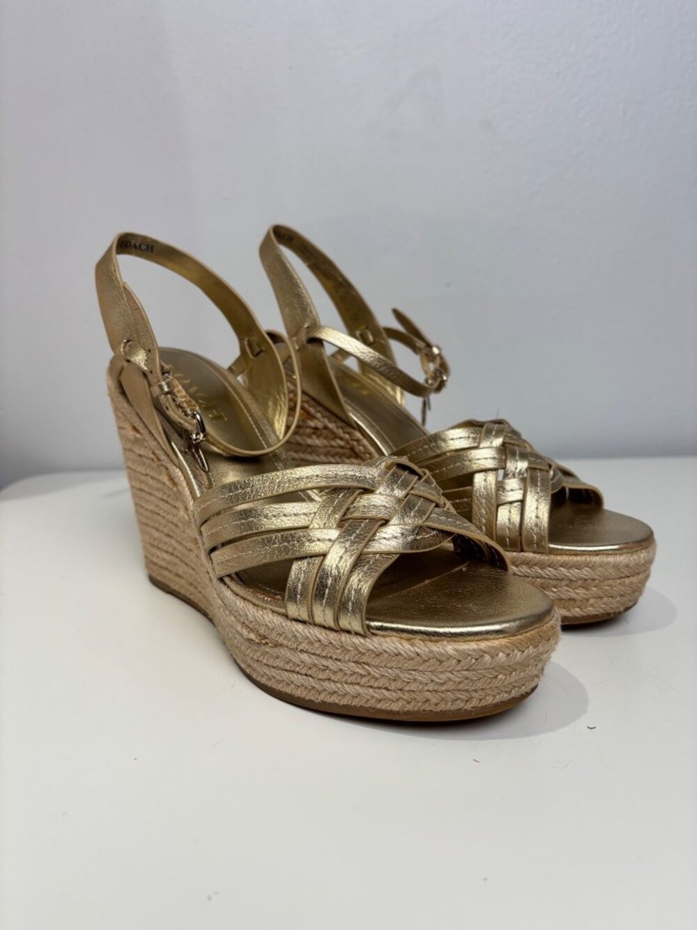 Coach Dottie Gold Metallic Leather Espadrille Wedge Sandals (8.5)